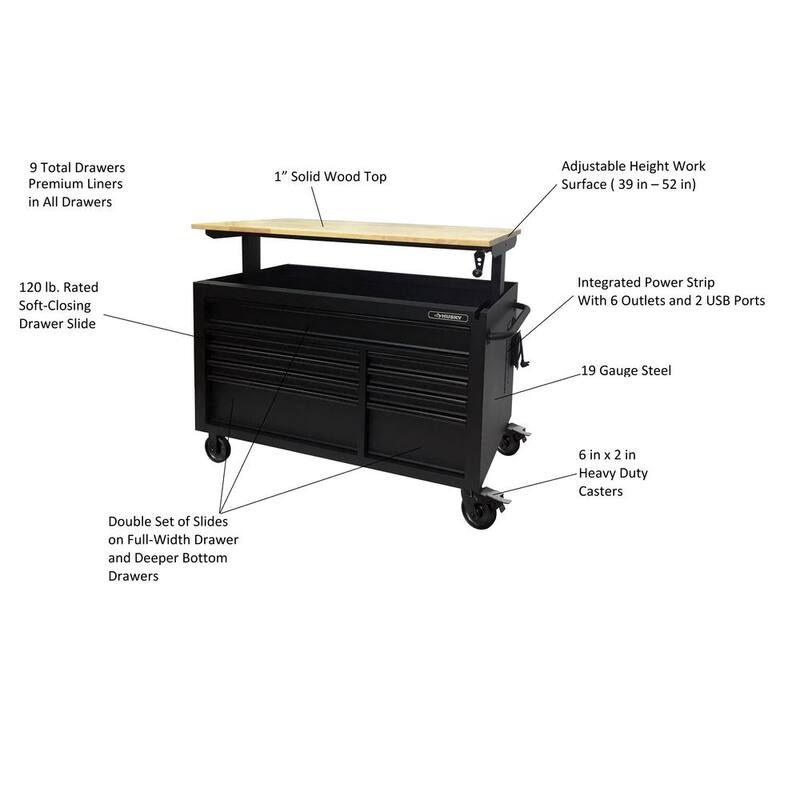 Heavy Duty 9-Drawer Mobile Workbench Cabinet with Hardwood Top in Matte Black N400
