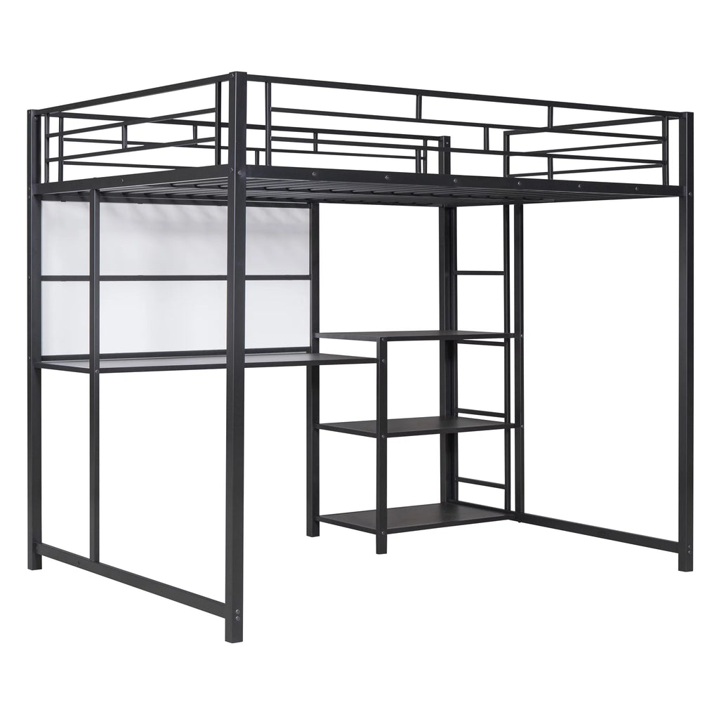 Full Size Black Metal Loft Bed with Desk and Whiteboard C523848