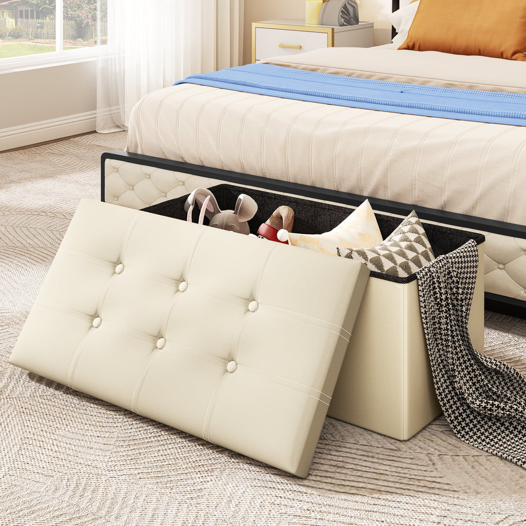 30 Inches Folding Storage Ottoman Bench Faux Leather Beige R86363