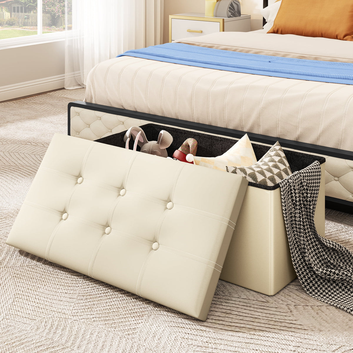 30 Inches Folding Storage Ottoman Bench Faux Leather Beige R86363
