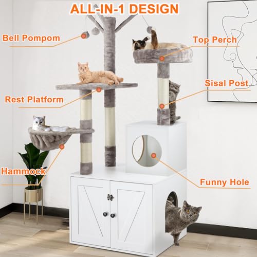 2-in-1 Wooden Cat Tree Tower with Litter Box Enclosure B998