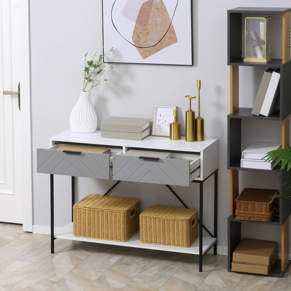White Console Table with 2 Drawers and Open Shelf X811