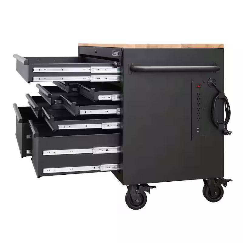 Heavy Duty 9-Drawer Mobile Workbench Cabinet with Hardwood Top in Matte Black N400