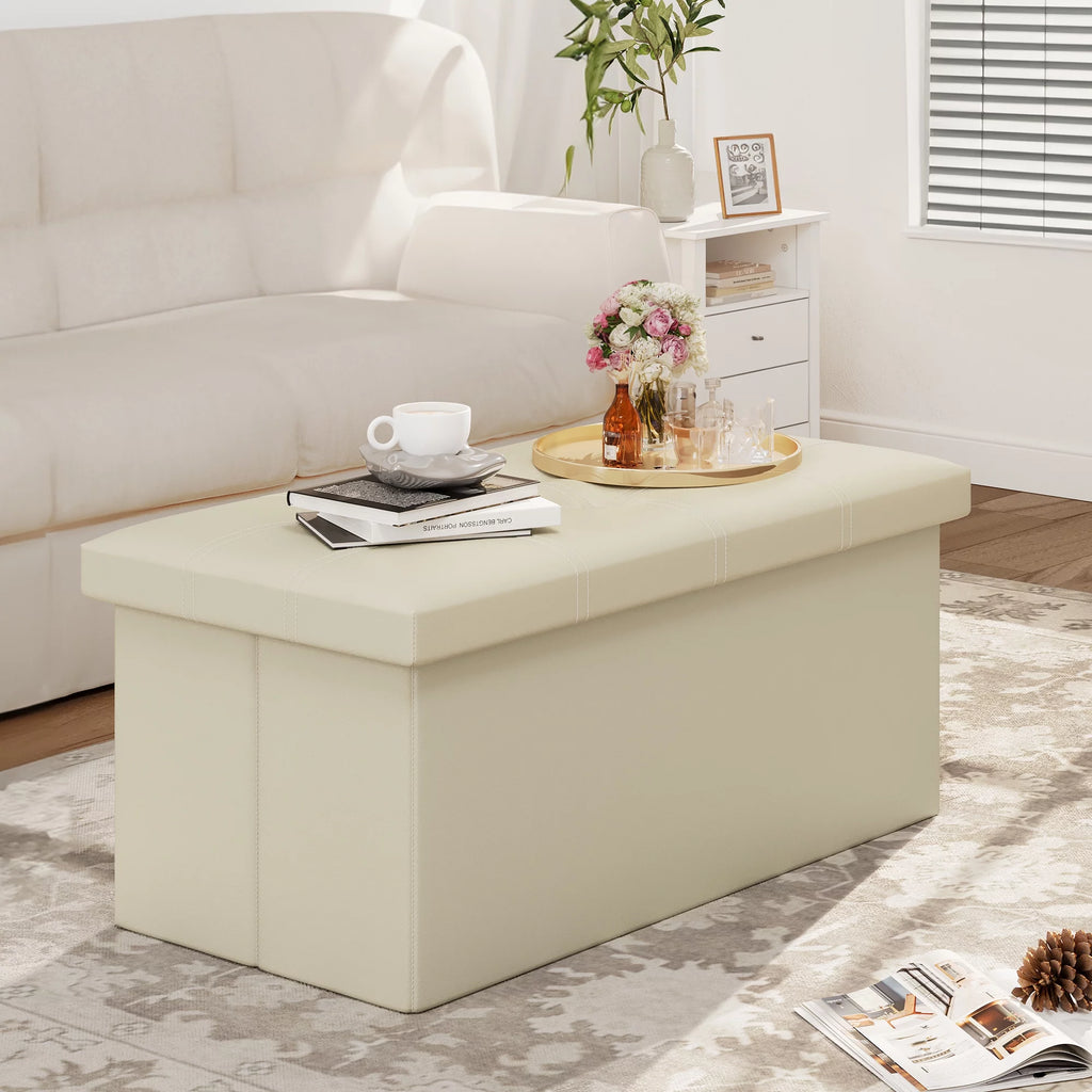 30 Inches Folding Storage Ottoman Bench Faux Leather Beige R86363