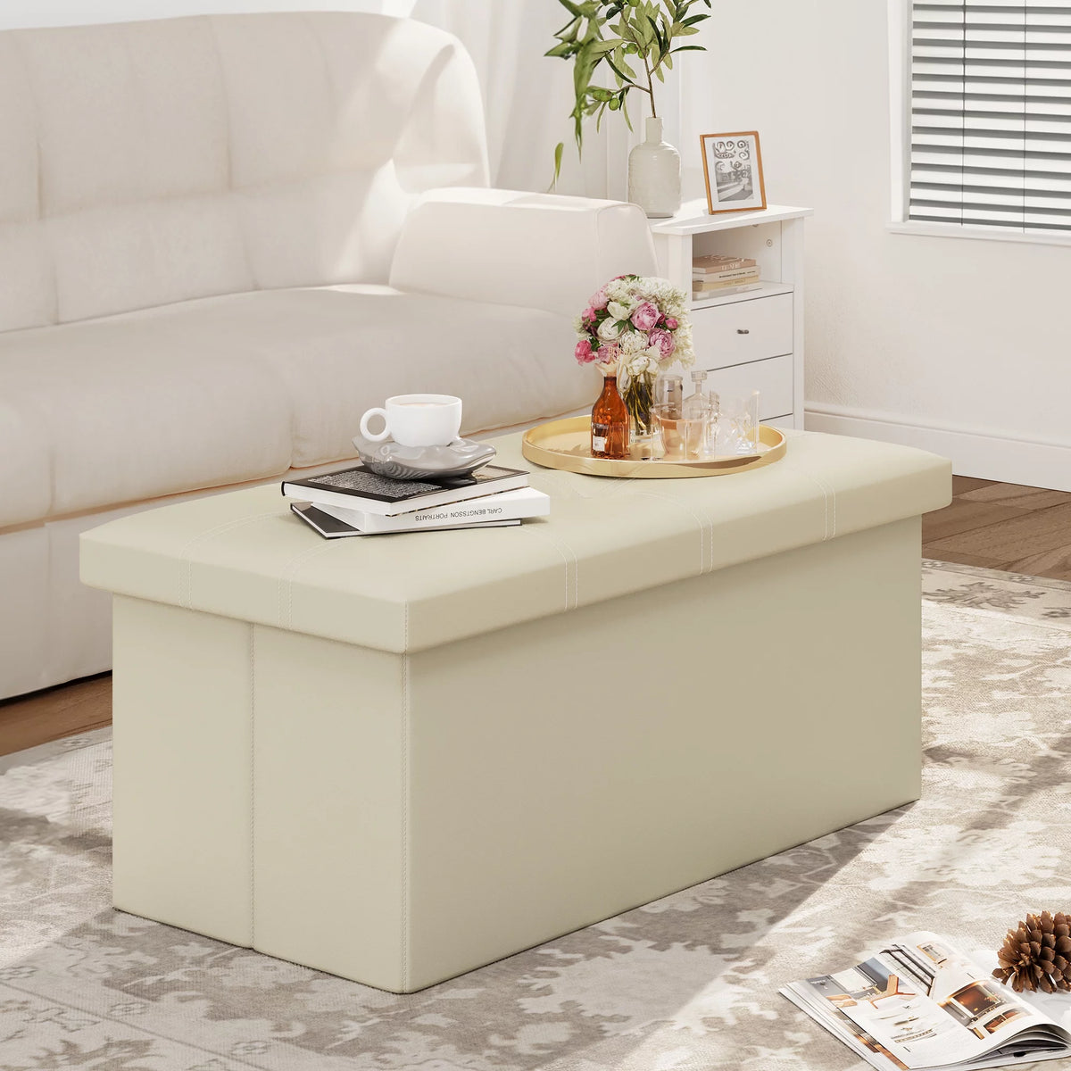 30 Inches Folding Storage Ottoman Bench Faux Leather Beige R86363
