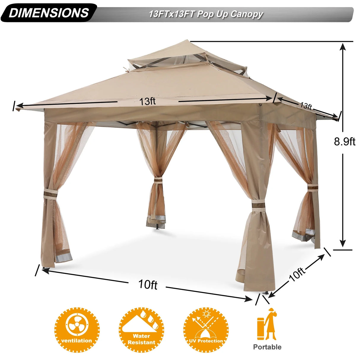 13'x13' Khaki Pop up Gazebo Canopy with Mosquito Netting B158095