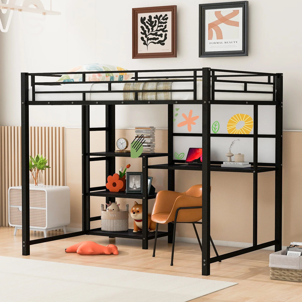 Full Size Black Metal Loft Bed with Desk and Whiteboard C523848