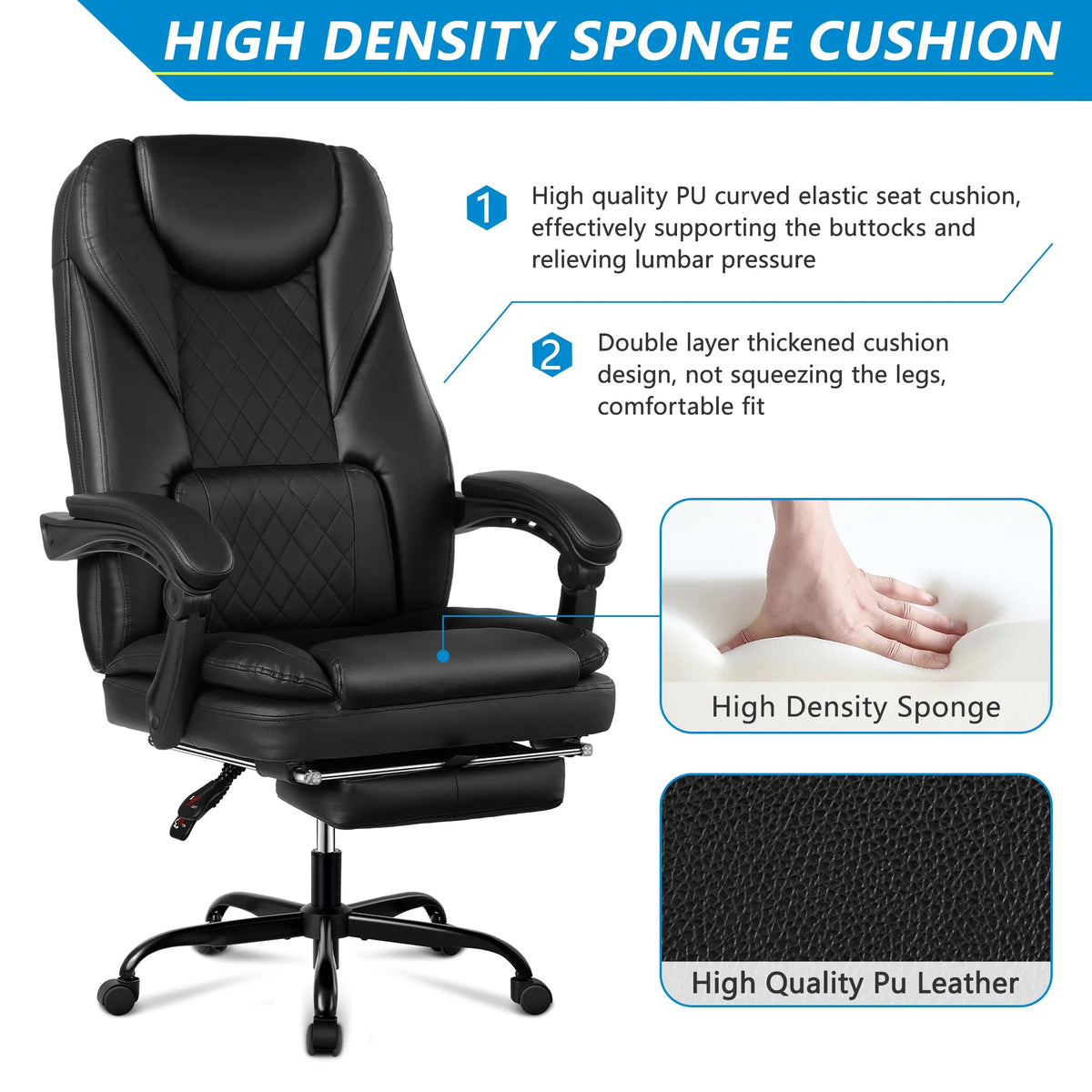 Big and Tall Black Leather Reclining Office Chair with Foot Rest M291