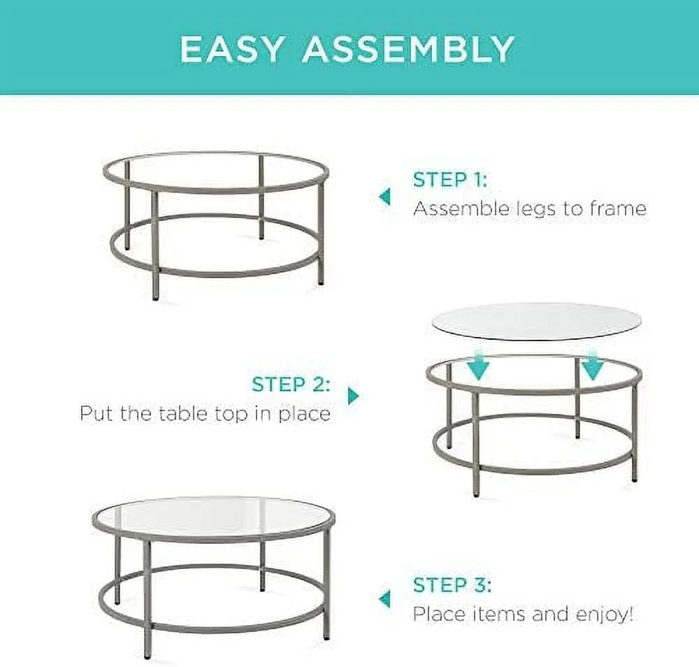 36in Round Tempered Glass Coffee Table with Metal Frame O829718