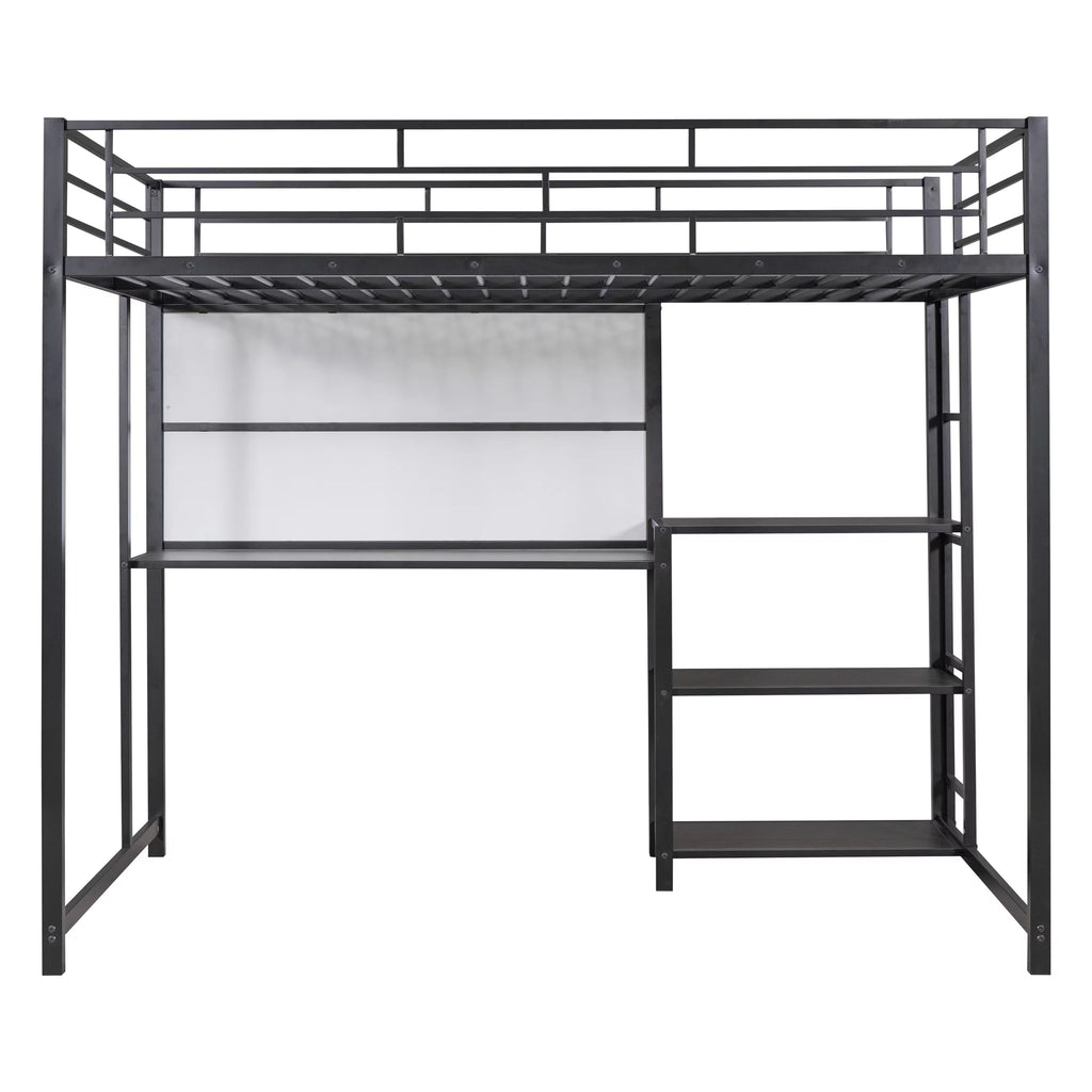 Full Size Black Metal Loft Bed with Desk and Whiteboard C523848