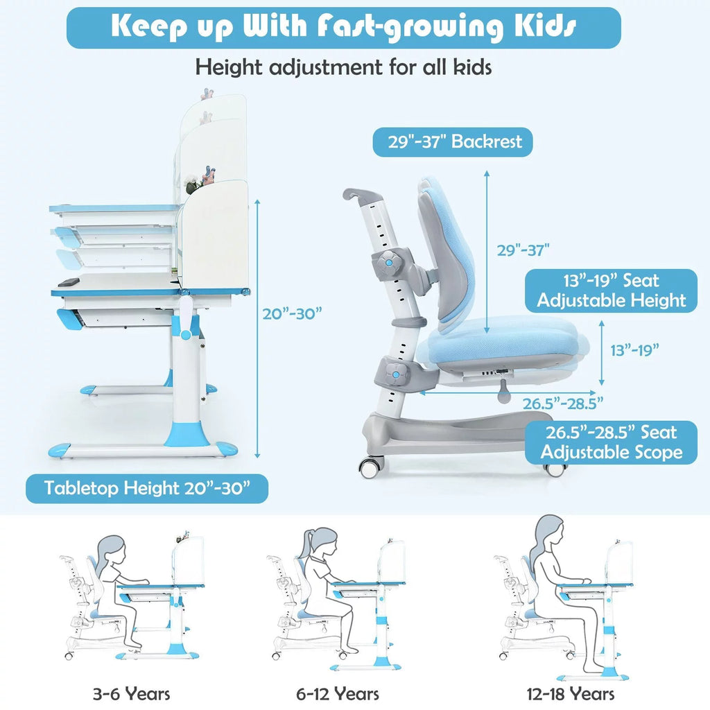 Blue Adjustable Kids Study Desk and Chair Set G3741