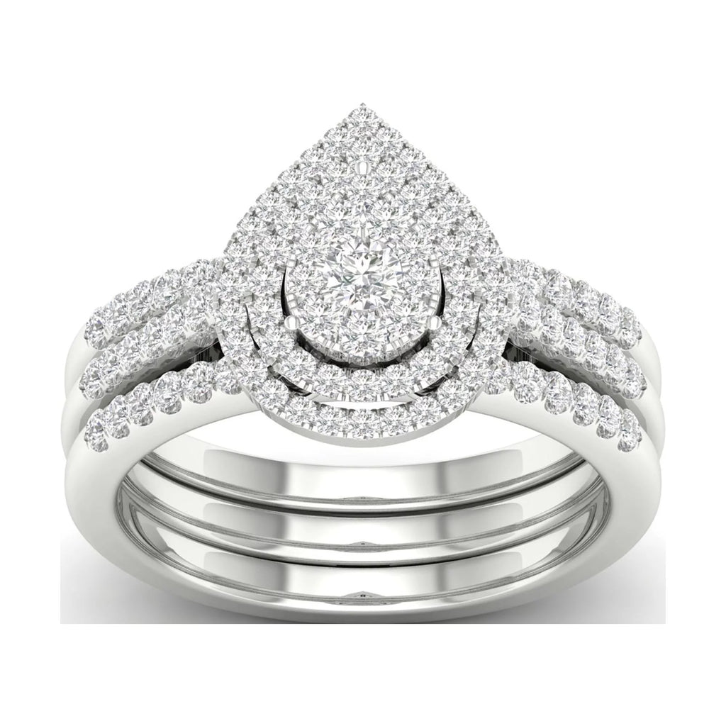 5/8Ct TDW Diamond S925 Sterling Silver Pear Shape Cluster Halo Bridal Set E270