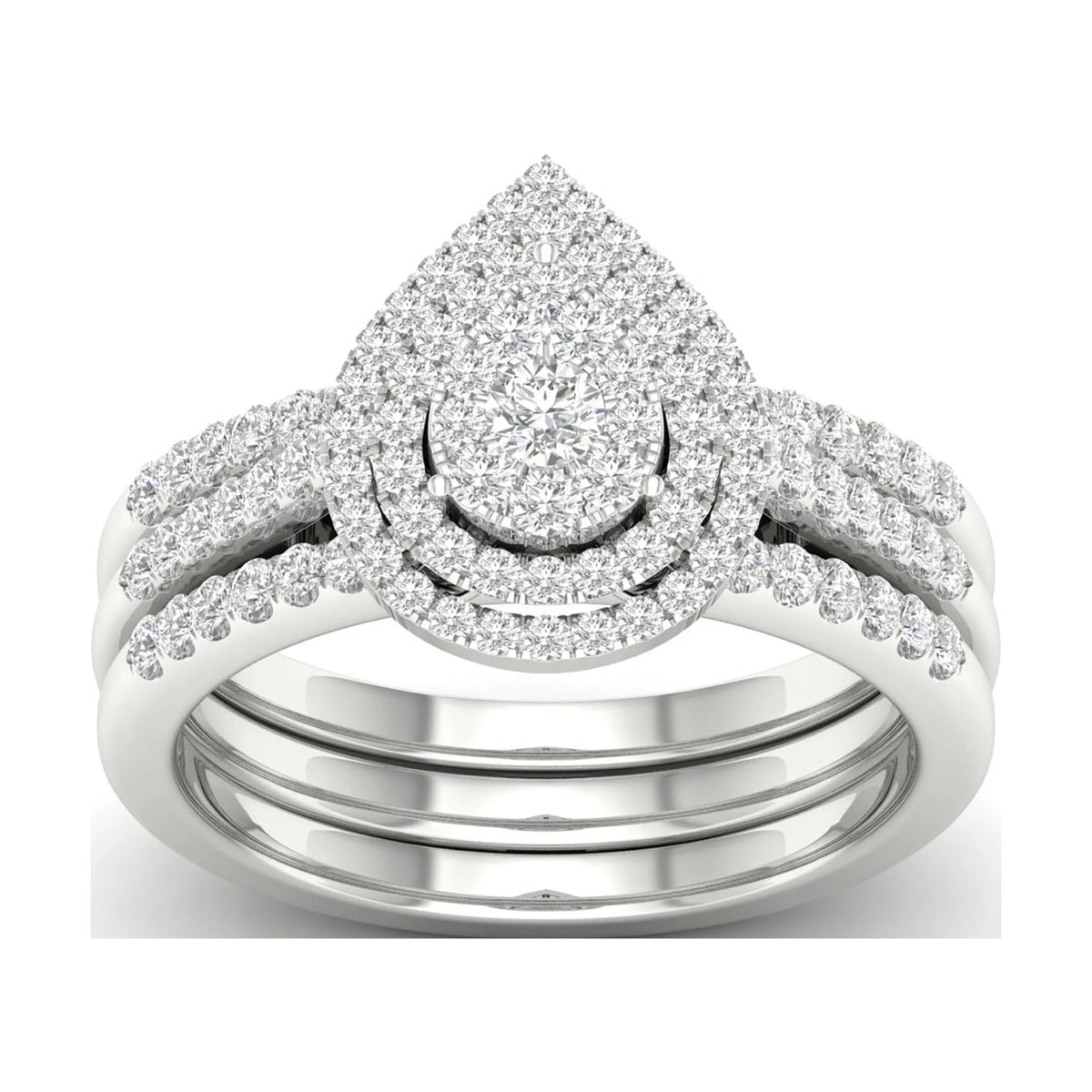 5/8Ct TDW Diamond S925 Sterling Silver Pear Shape Cluster Halo Bridal Set E270