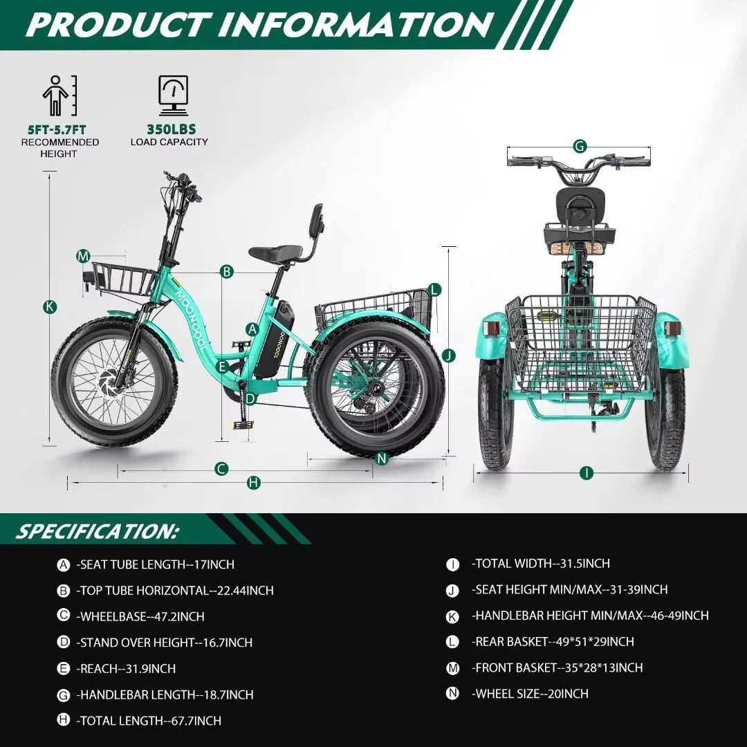 Electric Trike Tricycle for Adults with Front and Rear Baskets O148