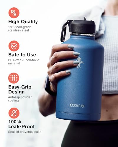64 oz Insulated Stainless Steel Water Bottle with Straw & 3 Lids J2952