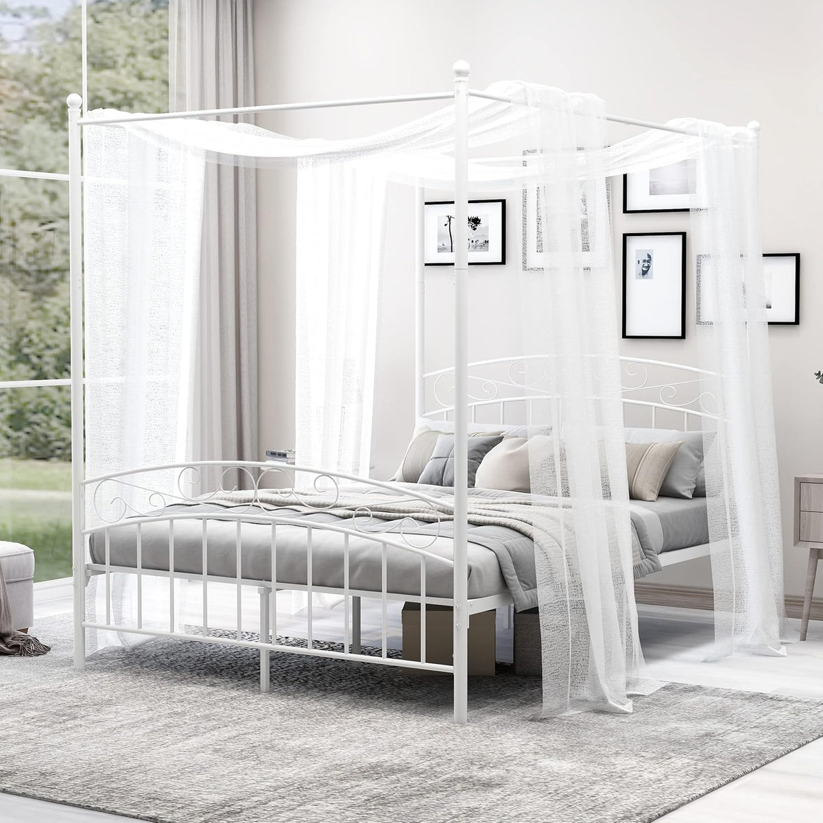 Queen Size Black Metal Canopy Bed Frame with Headboard V52120