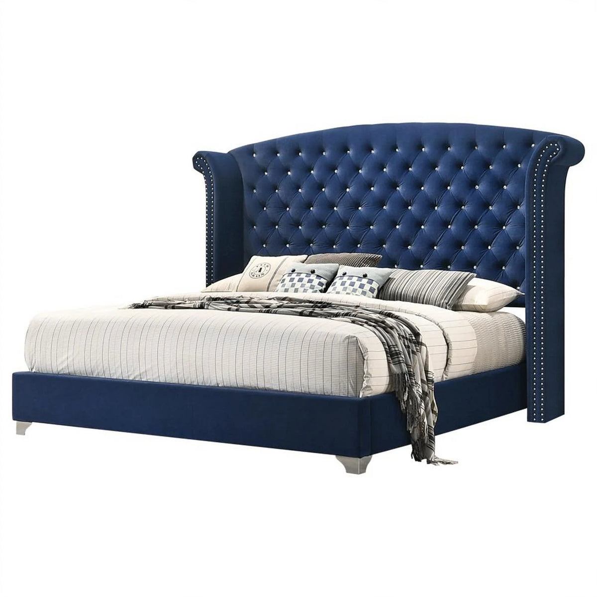 Eastern King Wingback Velvet Upholstered Bed Pacific Blue O4503