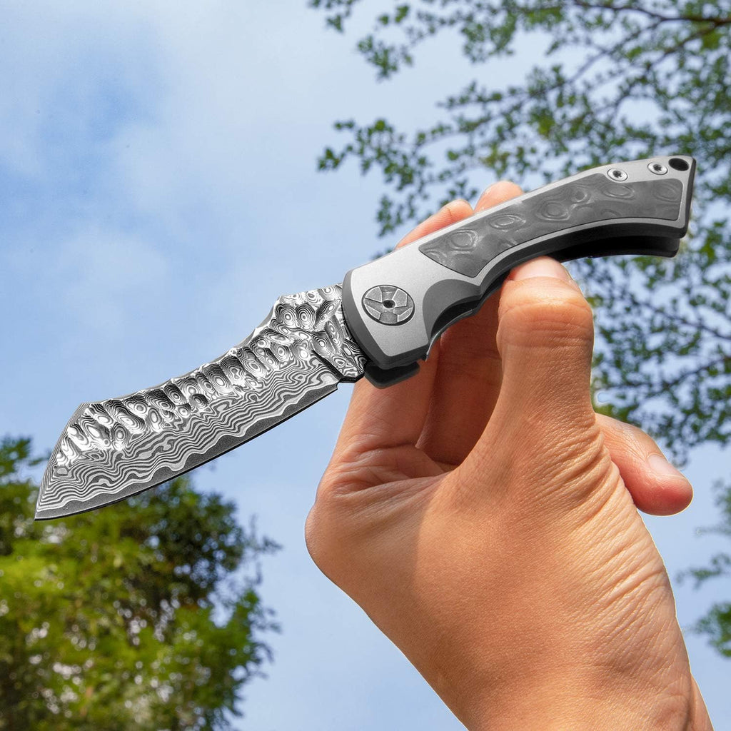 Damascus Steel Folding Pocket Knife with Leather Sheath T9304