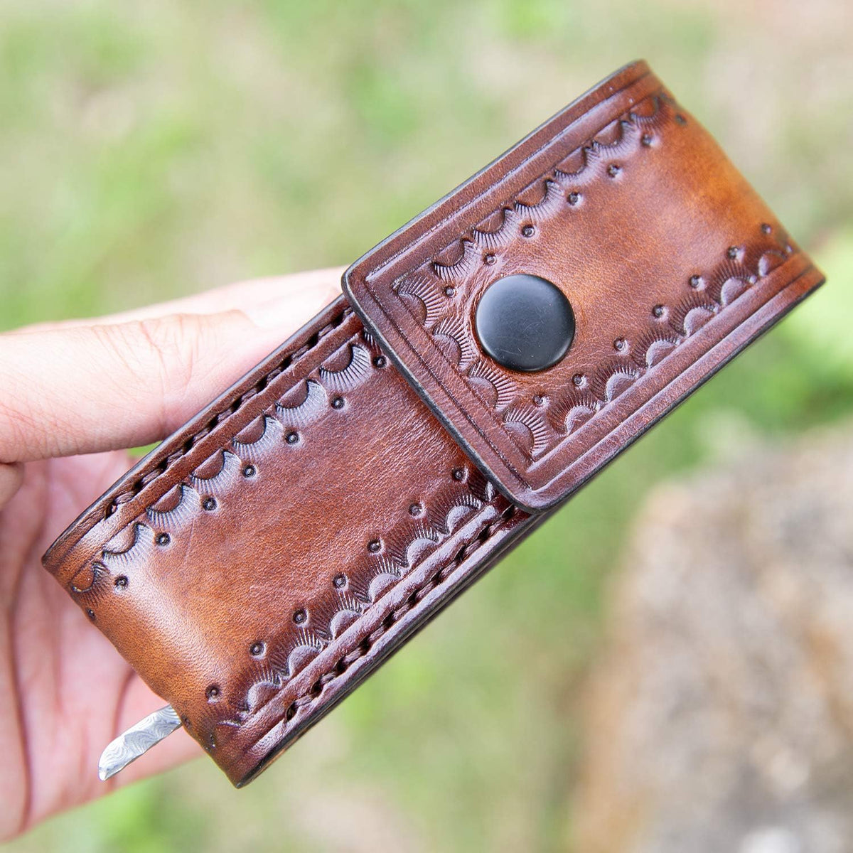Damascus Steel Folding Pocket Knife with Leather Sheath T9304