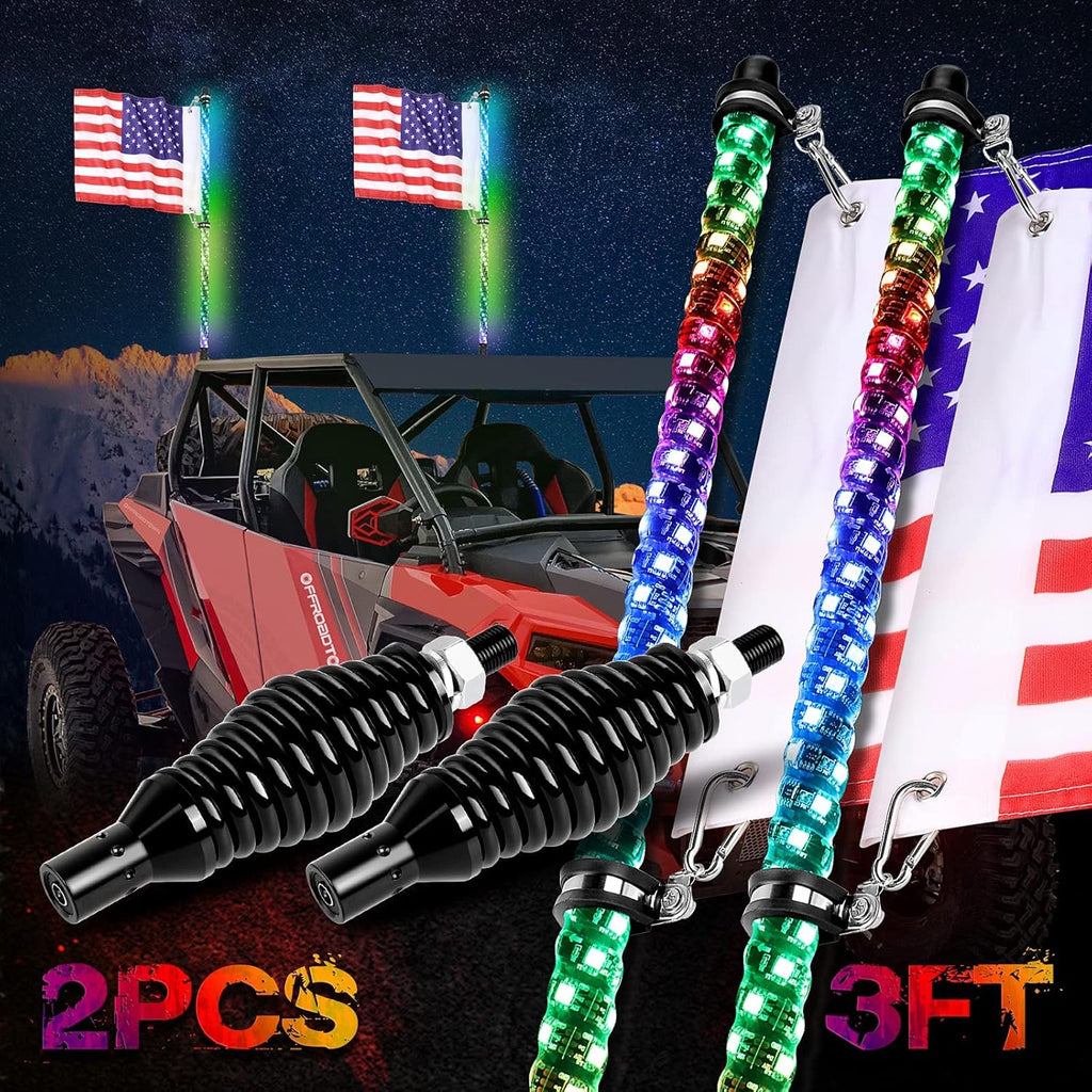 2PCS 3FT RGB LED Whip Lights with Spring Base RF Remote Controlled Q877