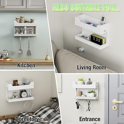 Wall Mounted Wooden Bedside Organizer, Double Tray Storage Shelf Rack with Magnetic Hooks (White) O67248