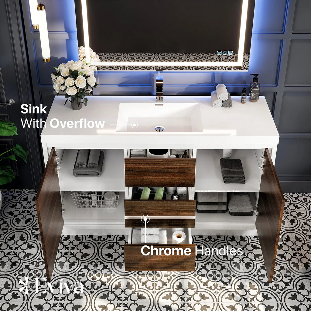 60 in. Gray Oak and White Bathroom Vanity with White Acrylic Countertop I1878
