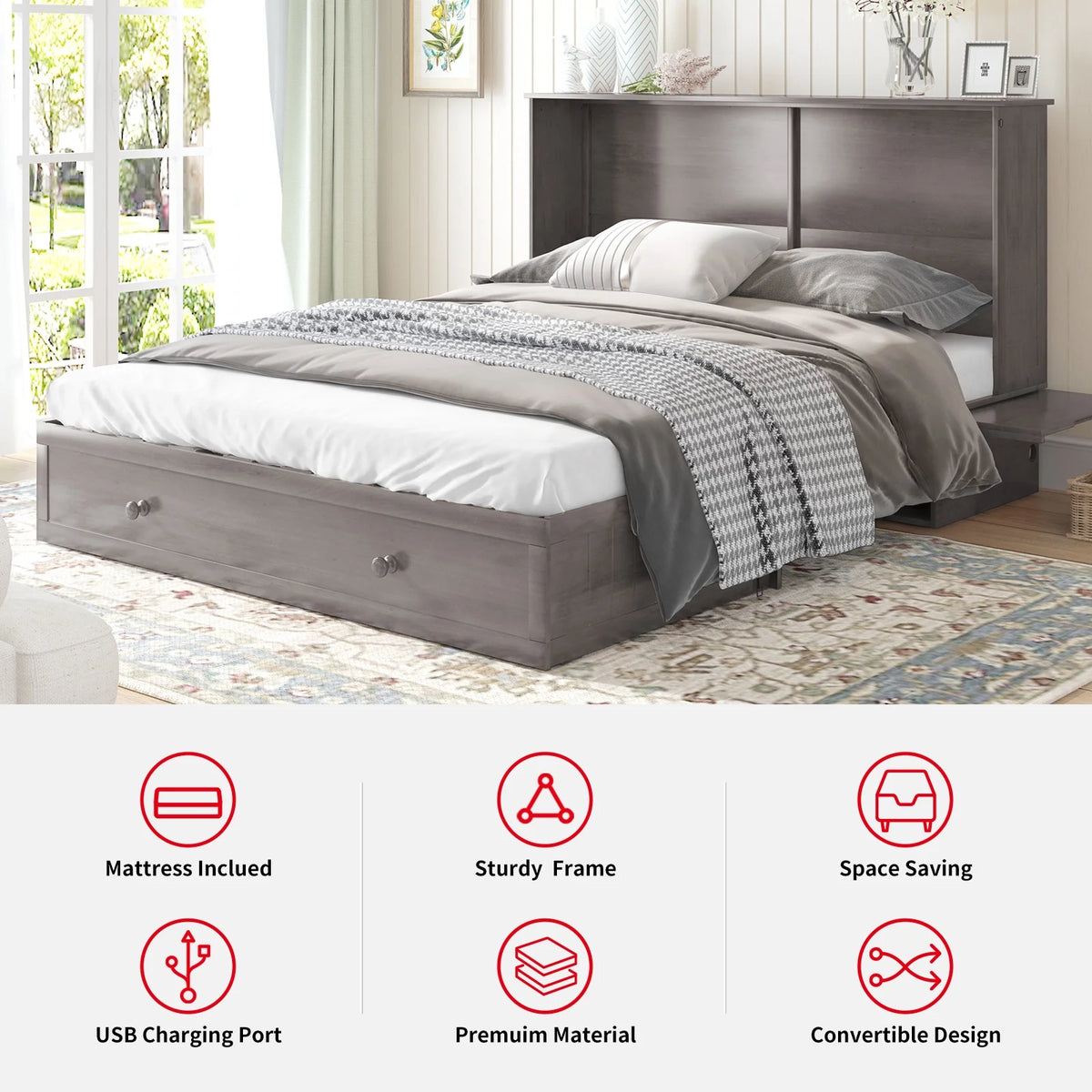 Queen Size Murphy Bed Chest with Foam Mattress F55605