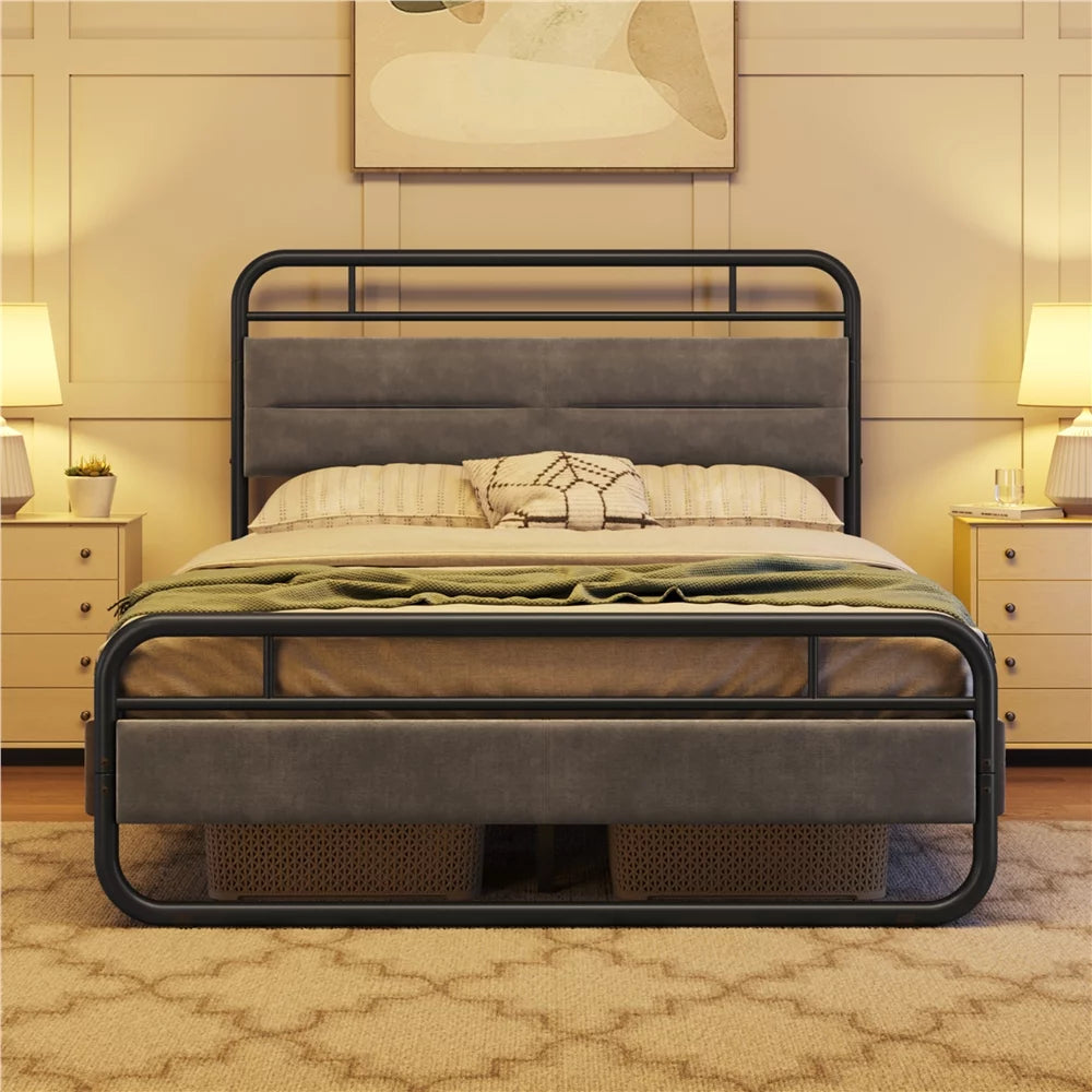 Queen Size Metal Platform Bed with Velvet Upholstered Headboard B812