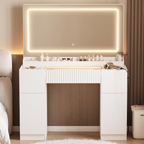 44" Pure White Vanity Desk with Mirror and Lights, 3 Drawers and 2 Cabinet U1502