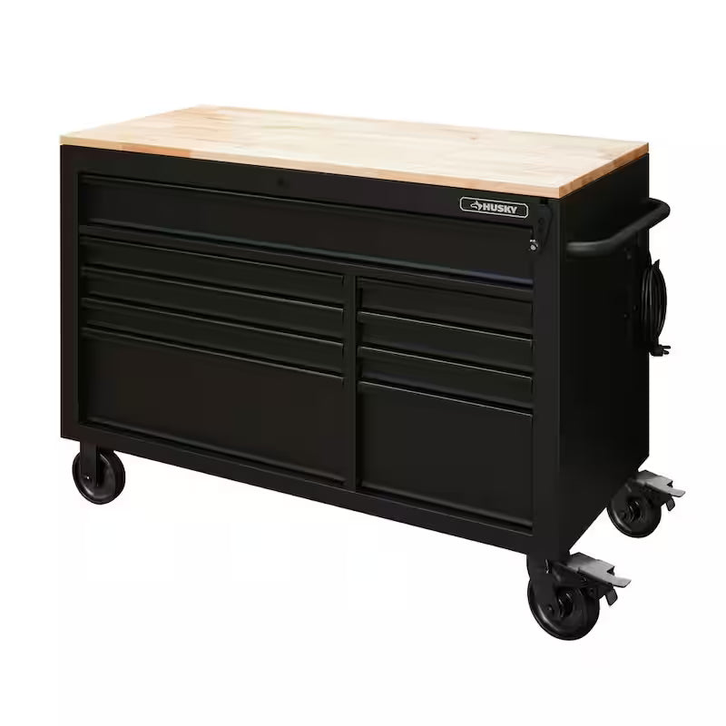 Heavy Duty 9-Drawer Mobile Workbench Cabinet with Hardwood Top in Matte Black N400