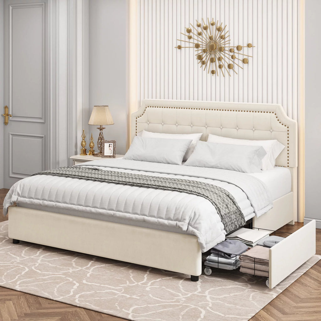 Queen Size 4 Drawer Black PU Leather Platform Bed Q263