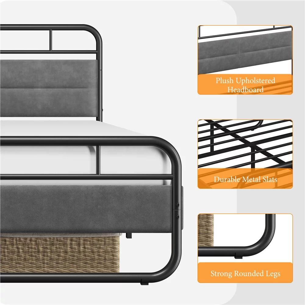 Queen Size Metal Platform Bed with Velvet Upholstered Headboard B812