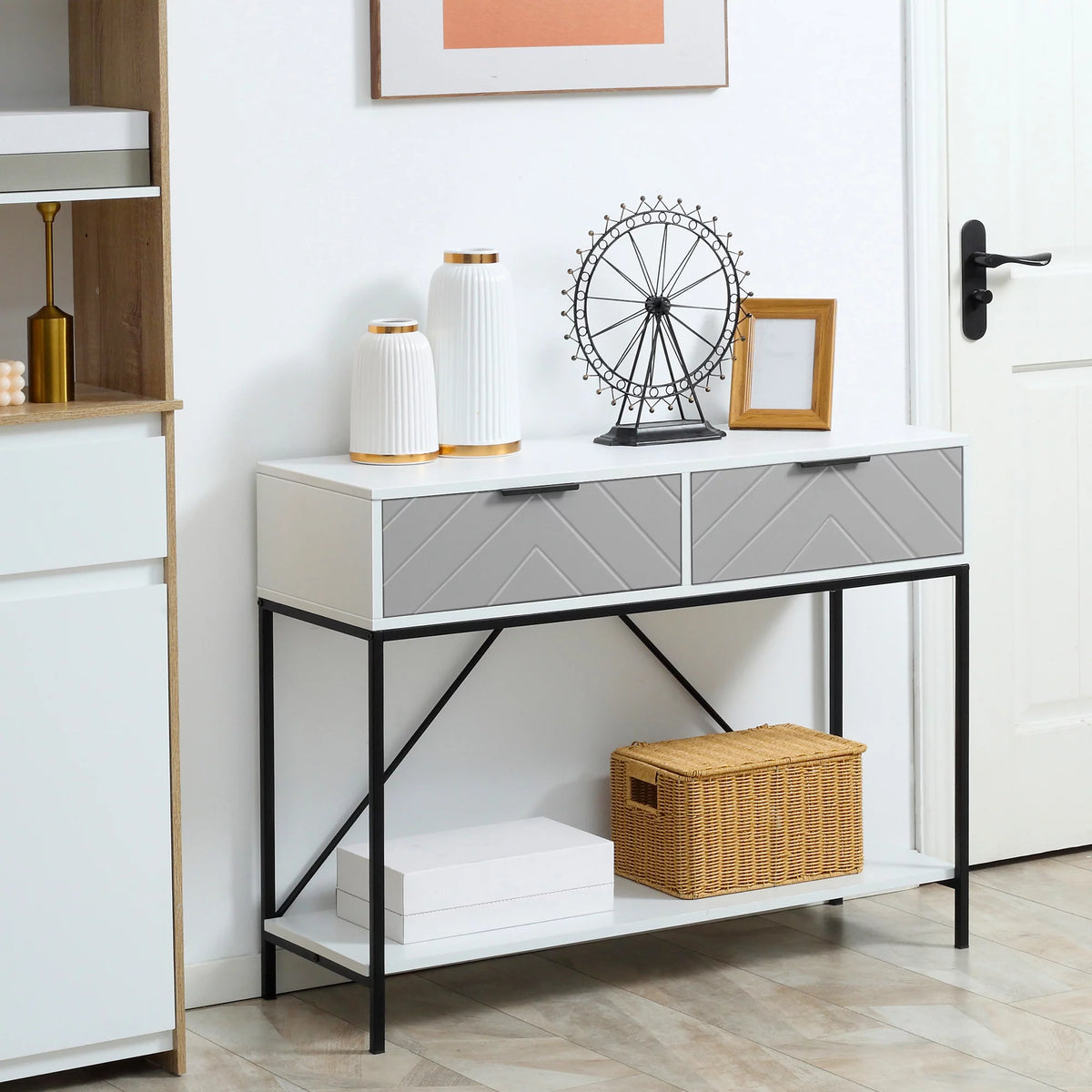 White Console Table with 2 Drawers and Open Shelf X811