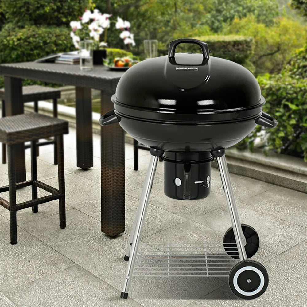 22" Round Portable Charcoal Kettle Grill with 2 Wheels, Black Z2661