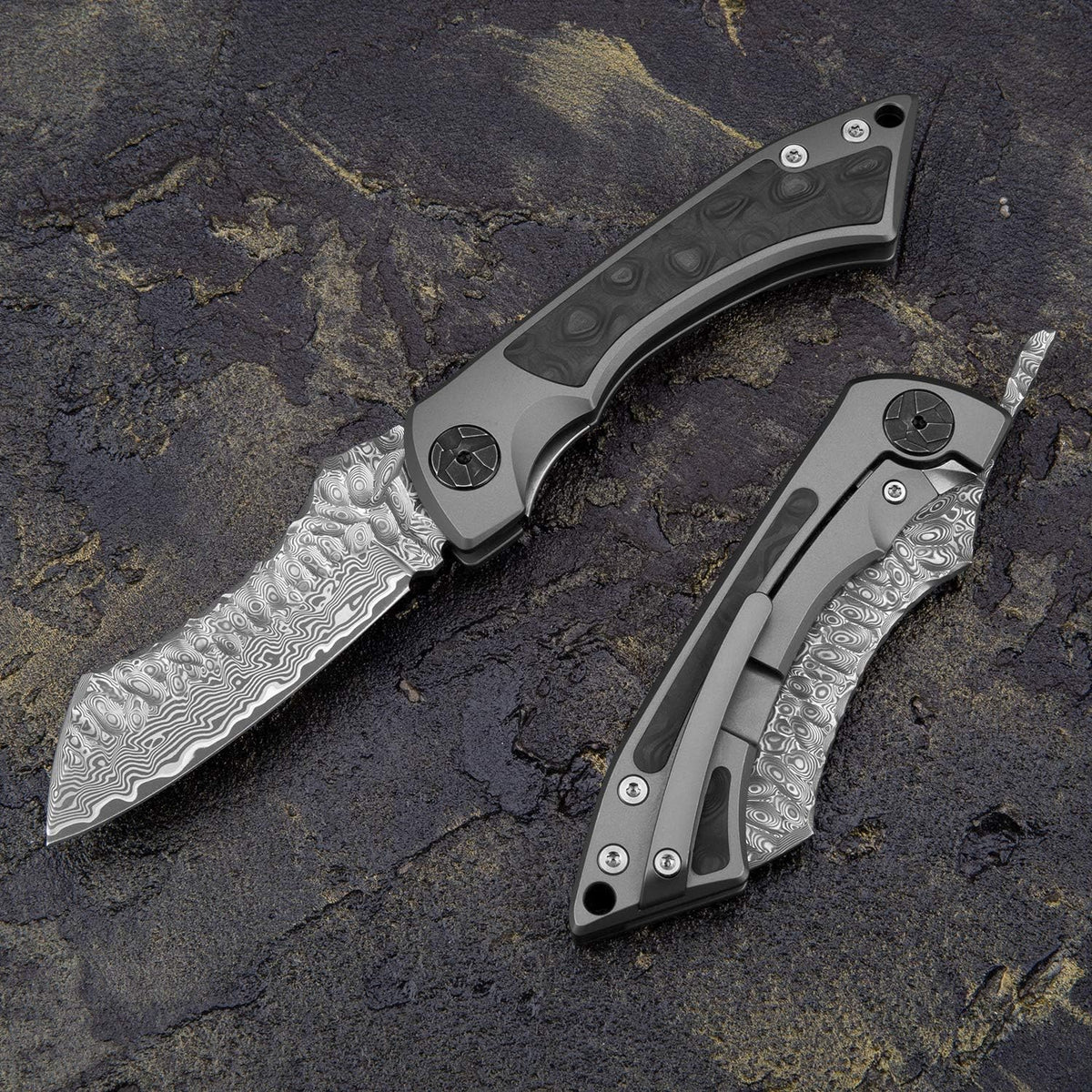 Damascus Steel Folding Pocket Knife with Leather Sheath T9304