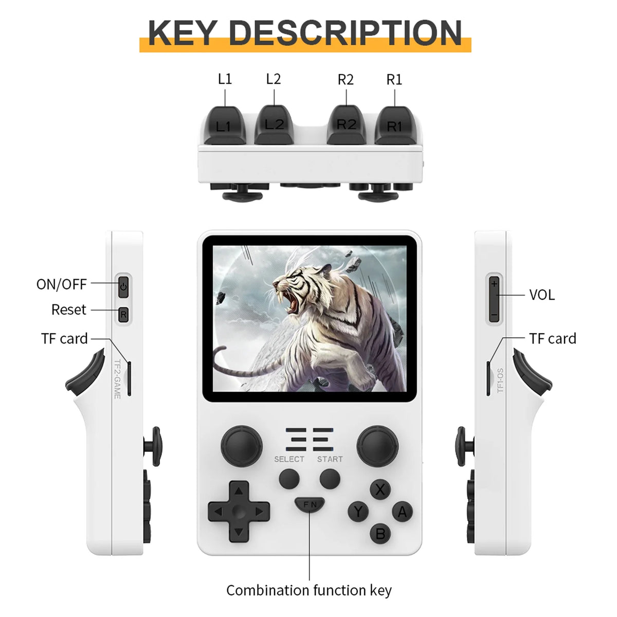 Handheld Game Console Retro Game Player Open Source System Built-in 15000+ Games 3.5-inch IPS Screen 3.5mm Headphone Jack 3500mAh Rechargeable Battery J198