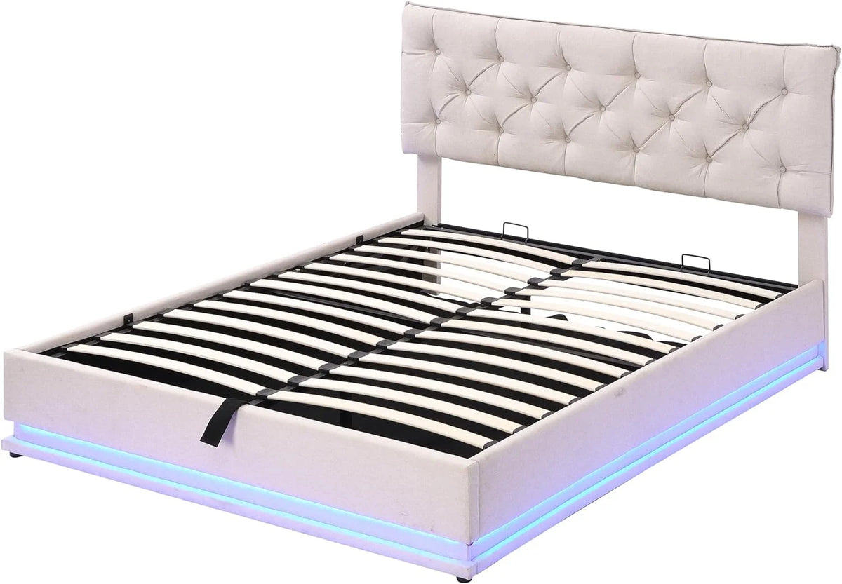 Queen Size Upholstered Lift Up Storage LED Bed with Tufted Headboard Beige Linen I42322