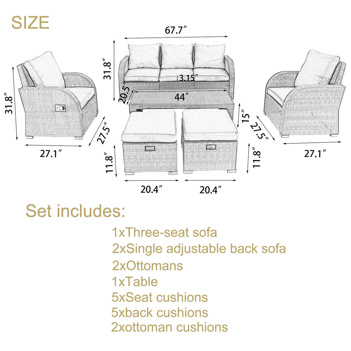 6 Piece Rattan Outdoor Sectional Seating Group with Cushions N384