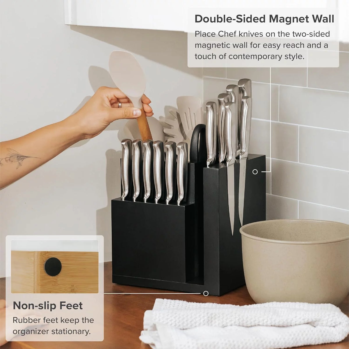 Bamboo Magnetic Knife Block and Cooking Utensil Holder F45724