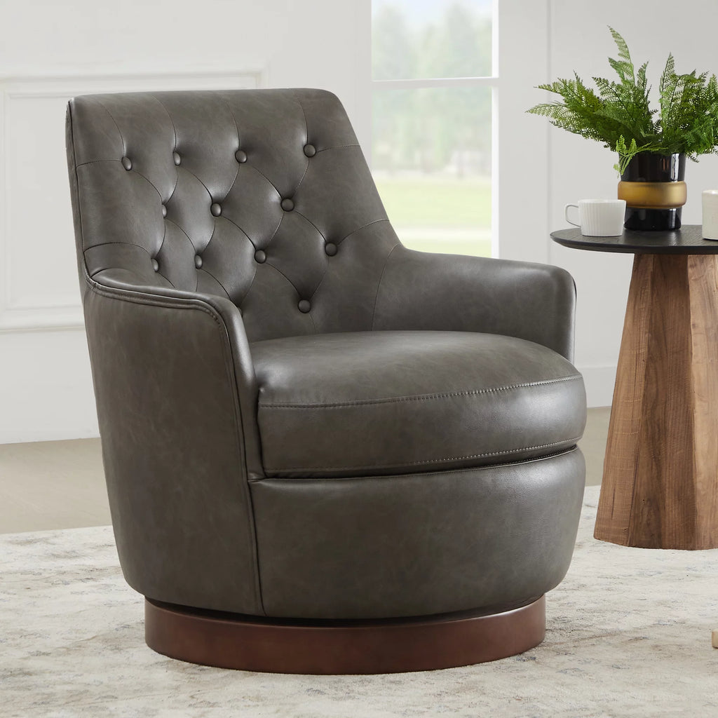 Dark Gray Faux Leather Swivel Barrel Accent Chair B264484