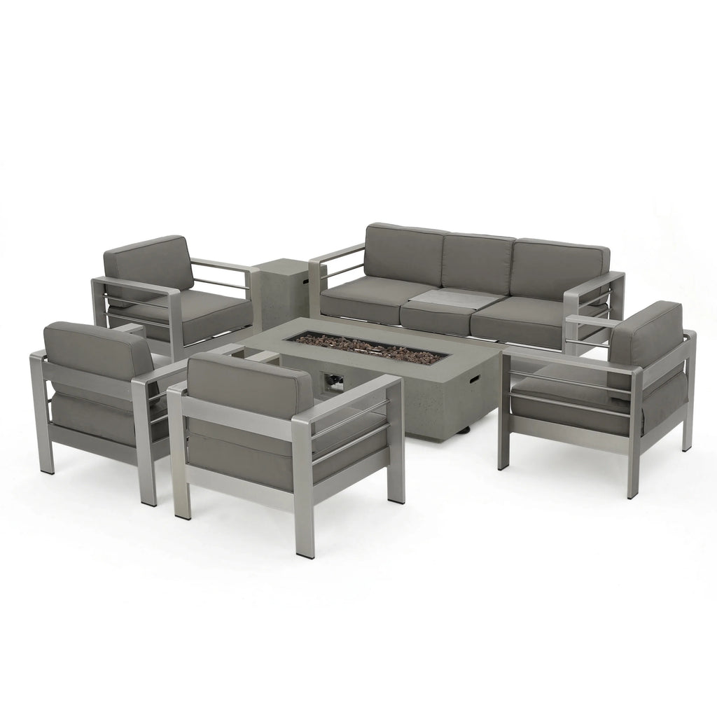 Light Gray and Gray 7 Seater Aluminum Chat Set with Fire Pit A630