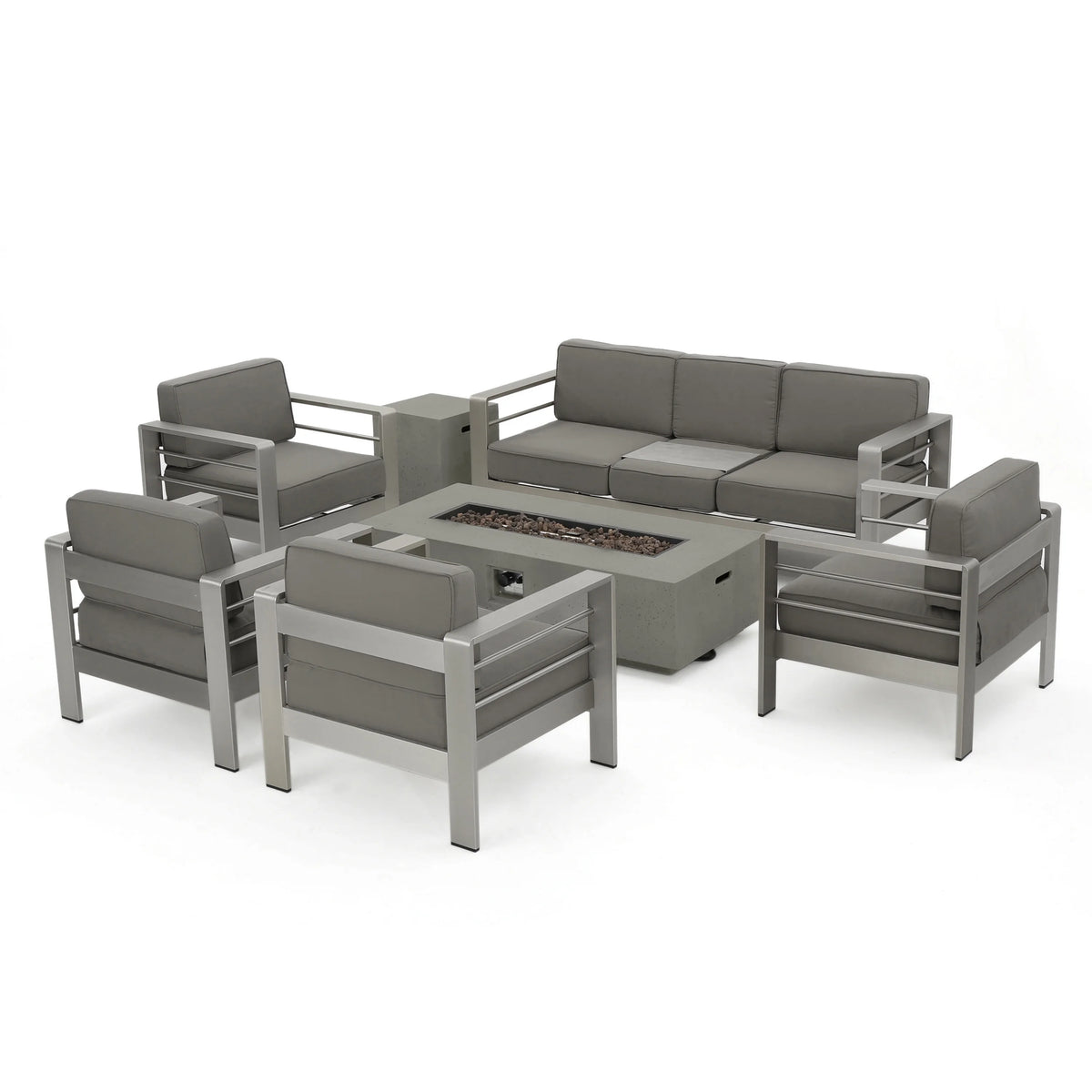 Light Gray and Gray 7 Seater Aluminum Chat Set with Fire Pit A630