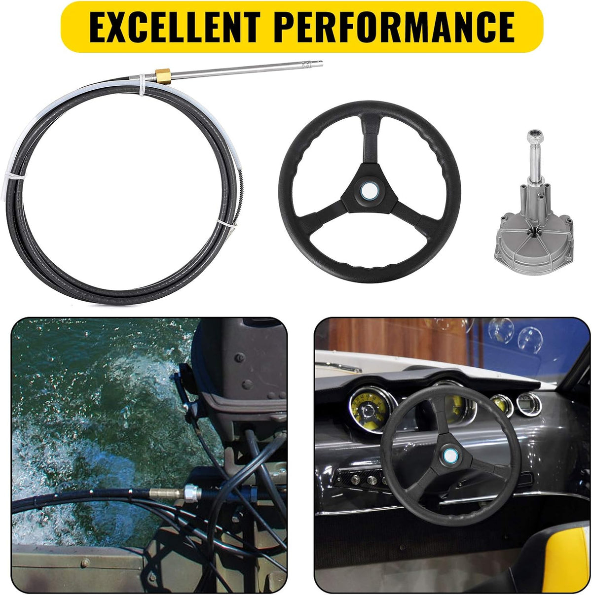 12' Mechanical Rotary Boat Steering Cable with 13 Inch Wheel B1622