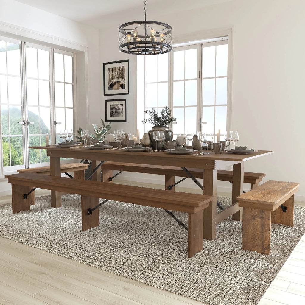 9' x 40'' Antique Rustic Folding Farm Table and Four Bench Set A23934