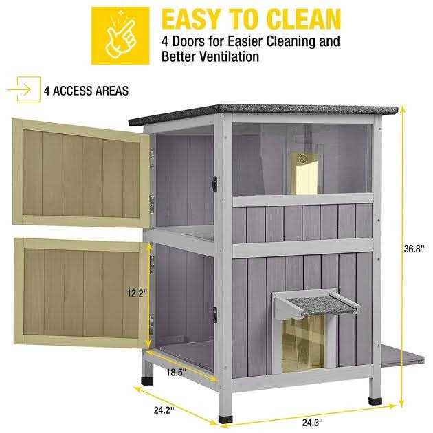 Two Tier Wooden Cat House with Waterproof Roof V9909