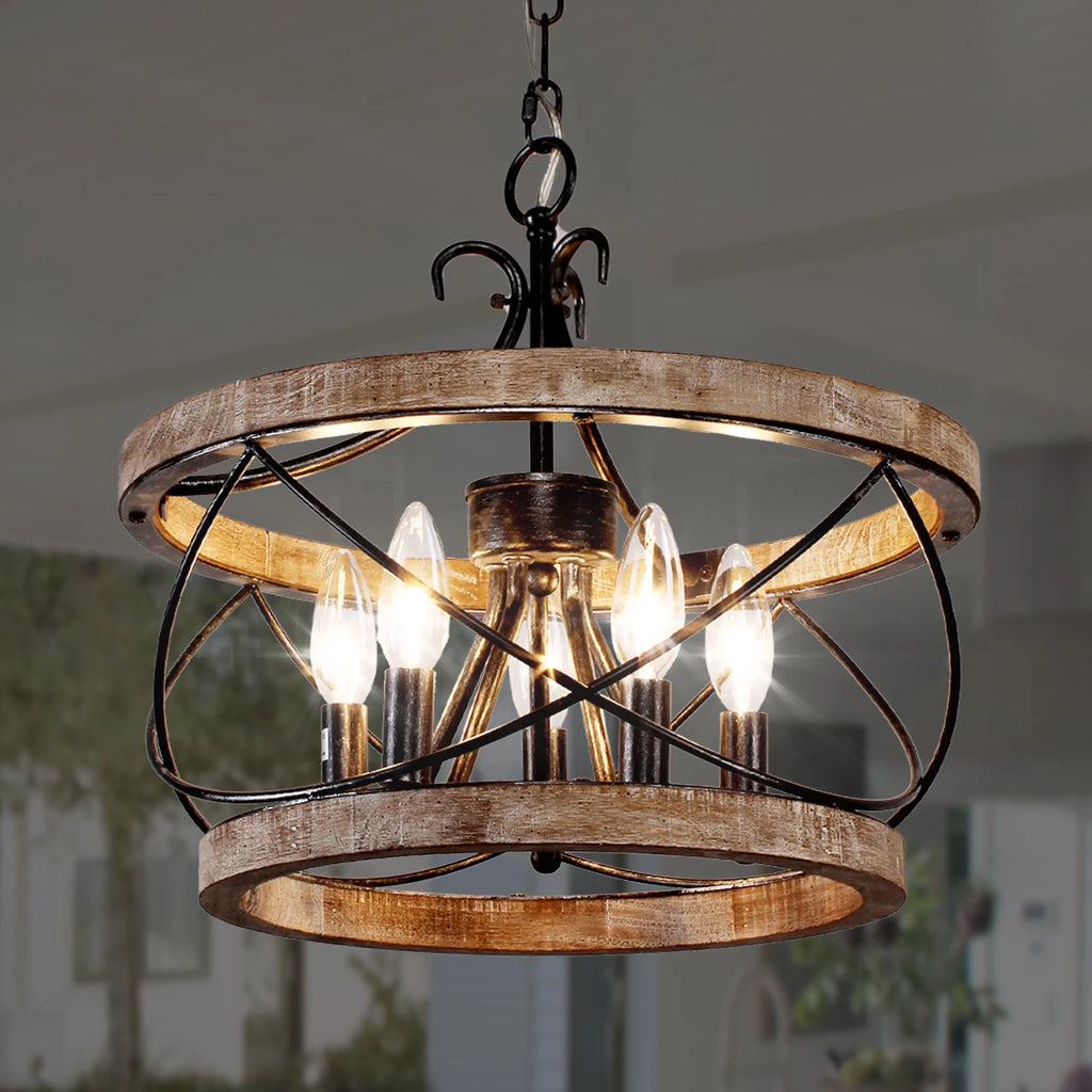 5-Light Rustic Pendant Light Adjustable Height Distressed Wood Caged Chandelier H27470