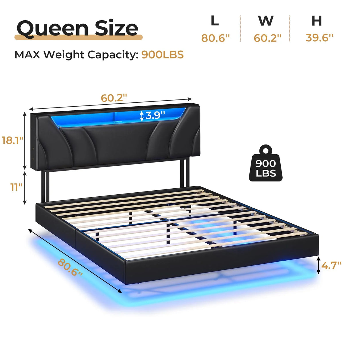 Queen Size Black Upholstered Platform Bed with Storage Headboard U602168