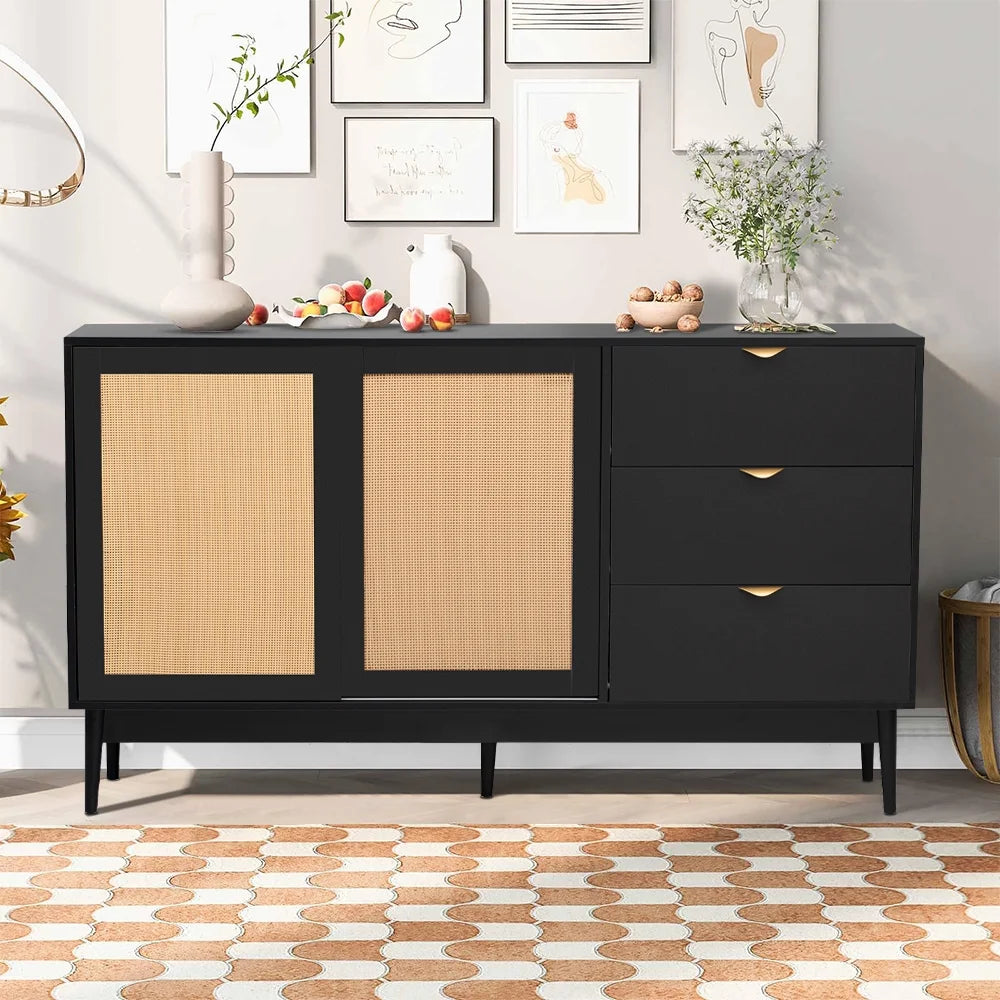 Black 3 Drawer Rattan Accent Cabinet I34480