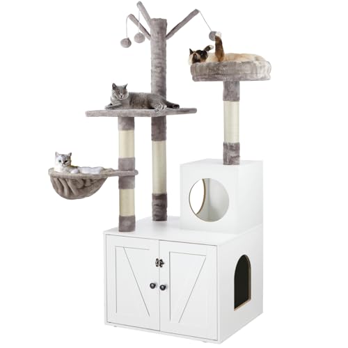 2-in-1 Wooden Cat Tree Tower with Litter Box Enclosure B998