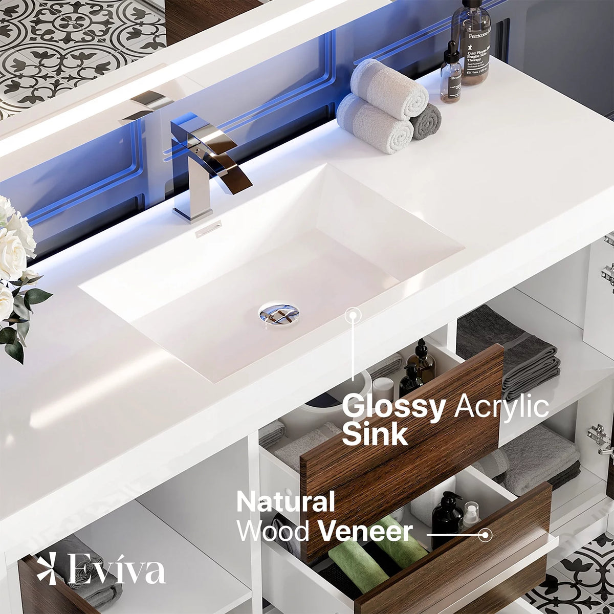 60 in. Gray Oak and White Bathroom Vanity with White Acrylic Countertop I1878